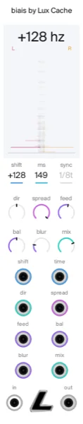 the biais panel. a frequency shifter with a delay in its loop. every partial moves the same hertz, so the pitch stays and the tuning goes. feed sets the staircase, spread sends the channels opposite ways, and dir at centre gives ring modulation