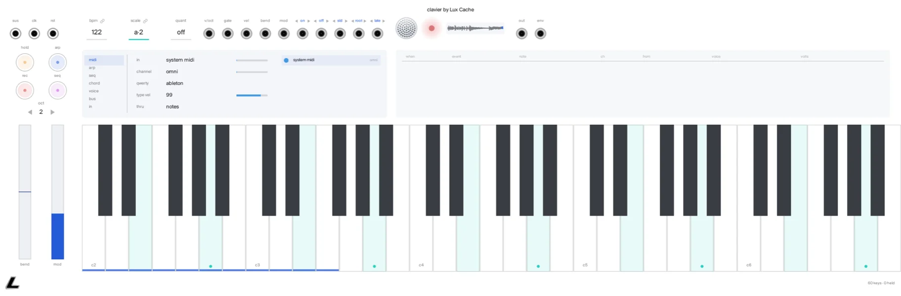 the clavier panel. the system’s keyboard: poly keys, a phrase player, an arp, and a microphone that sings straight into the patch. one key plays up to five notes, the arp has nine modes, eight phrases hold sixty-four steps each, and five assignable outputs cover twelve jobs