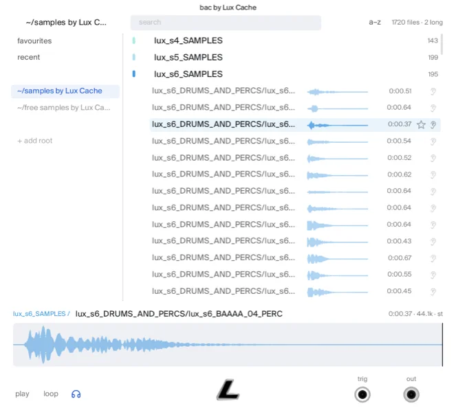 the bac panel. the sample browser. audition a file, then drag it straight into coupe or out to the desktop. every row draws its own waveform, the ear ranks the whole library by how a sound behaves, and the arrow keys step and audition row by row