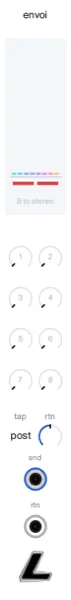 the envoi panel. one stereo send and return shared by all eight channels, tapped before or after the fader. each channel has its own send amount, the display reads the setting against what is really going out, and the return has its own level