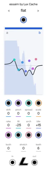 the essaim panel. a swarm of resonances moved as one thing. place the seven nodes, then travel between two whole states on one bar. rake adds up to twenty-five more on a harmonic series, ten presets fill the far end, and auto wander moves it on its own