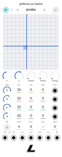 the grille panel. the drum computer. four lanes read off a two-dimensional map, so a pattern morphs as it travels across instead of repeating. seven banks, per-lane density, ratchets and break to its own bar length, a fill window, and turing to hold or renew the dice