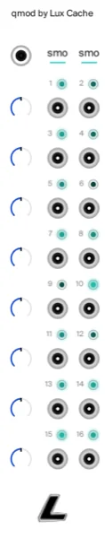 the qmod panel. sixteen modulation sources in two columns of eight. each column takes one of six modes, or each slot its own, and each row has a rate knob that runs from a crawl to audio rate. seven LFO waveshapes, a trigger jack that resyncs the lot, and beside a qmap it reaches any knob without a cable