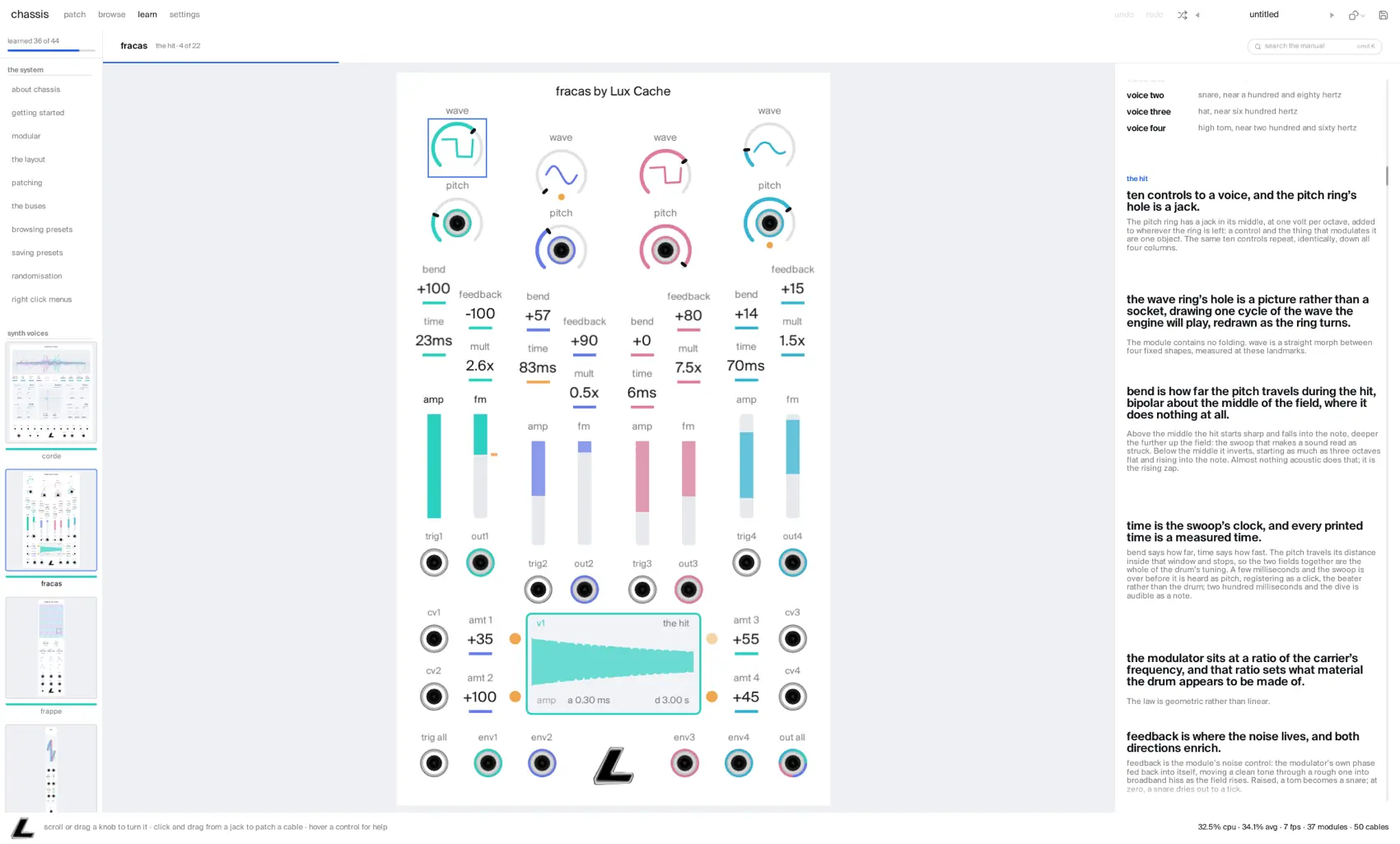 the learn tab: a module's chapter with the control under discussion outlined on its face, the grouped chapter rail down the left, and full-text search over every word of the manual