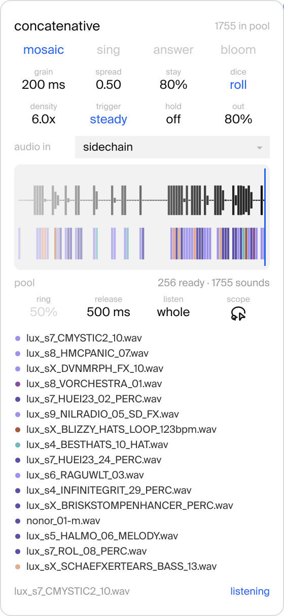 the concatenative rail mid-answer — the four approaches across the top, the ribbon showing the incoming audio above the grains answering it, and the list of samples that just replied
